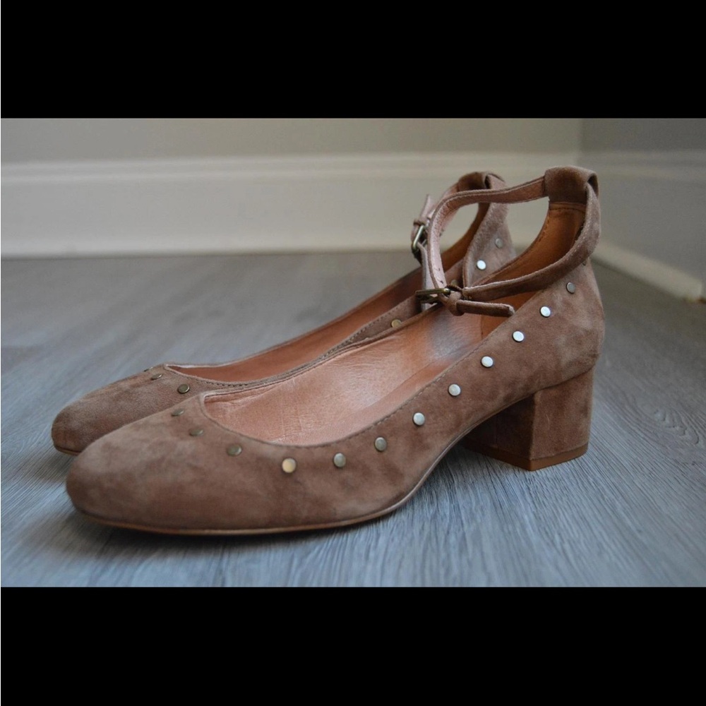 Madewell The Inez Stud Ankle Strap Suede Shoes f7934 Brown 6 Block Heels